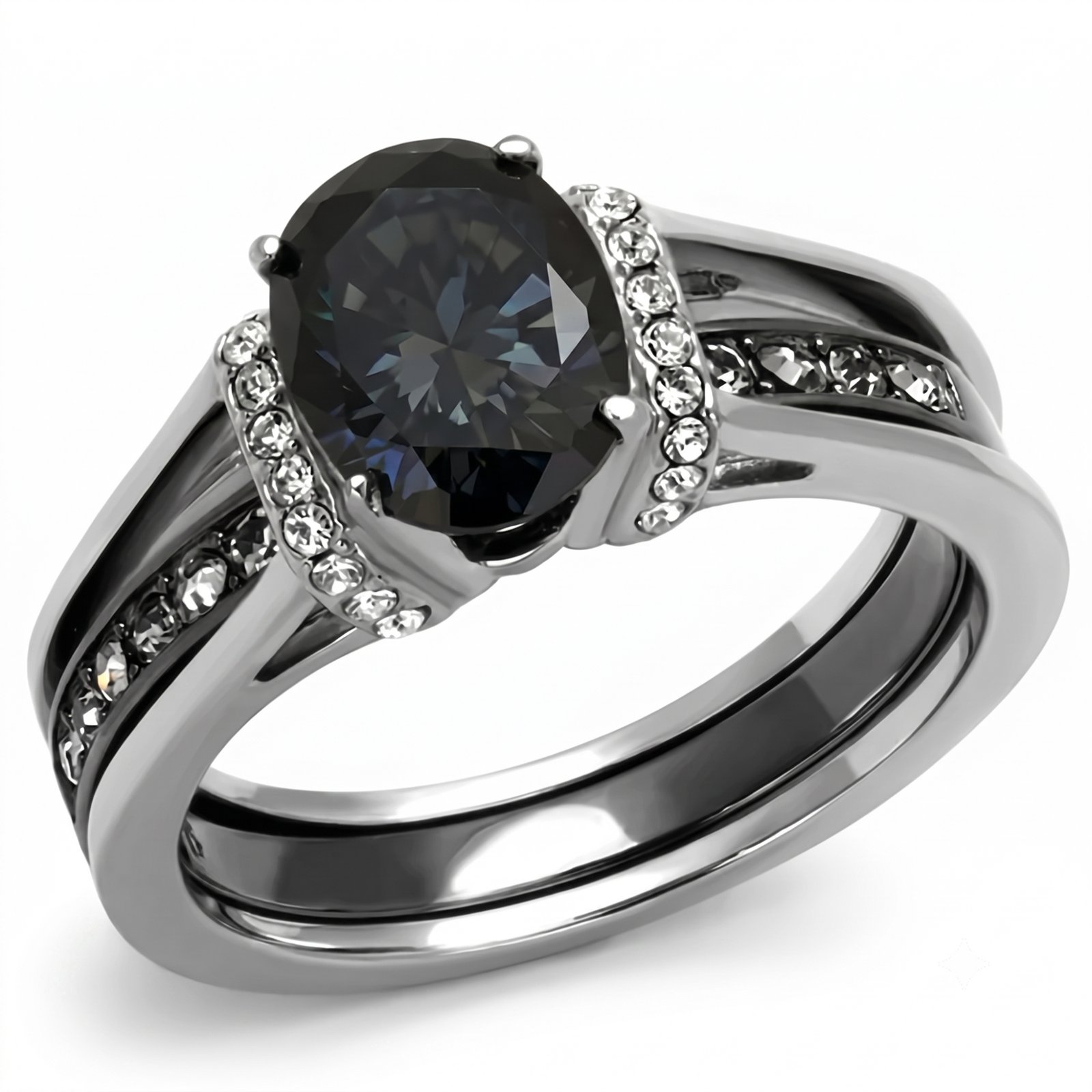 Two-Tone Black & Silver Stainless Steel Black Glass Ring