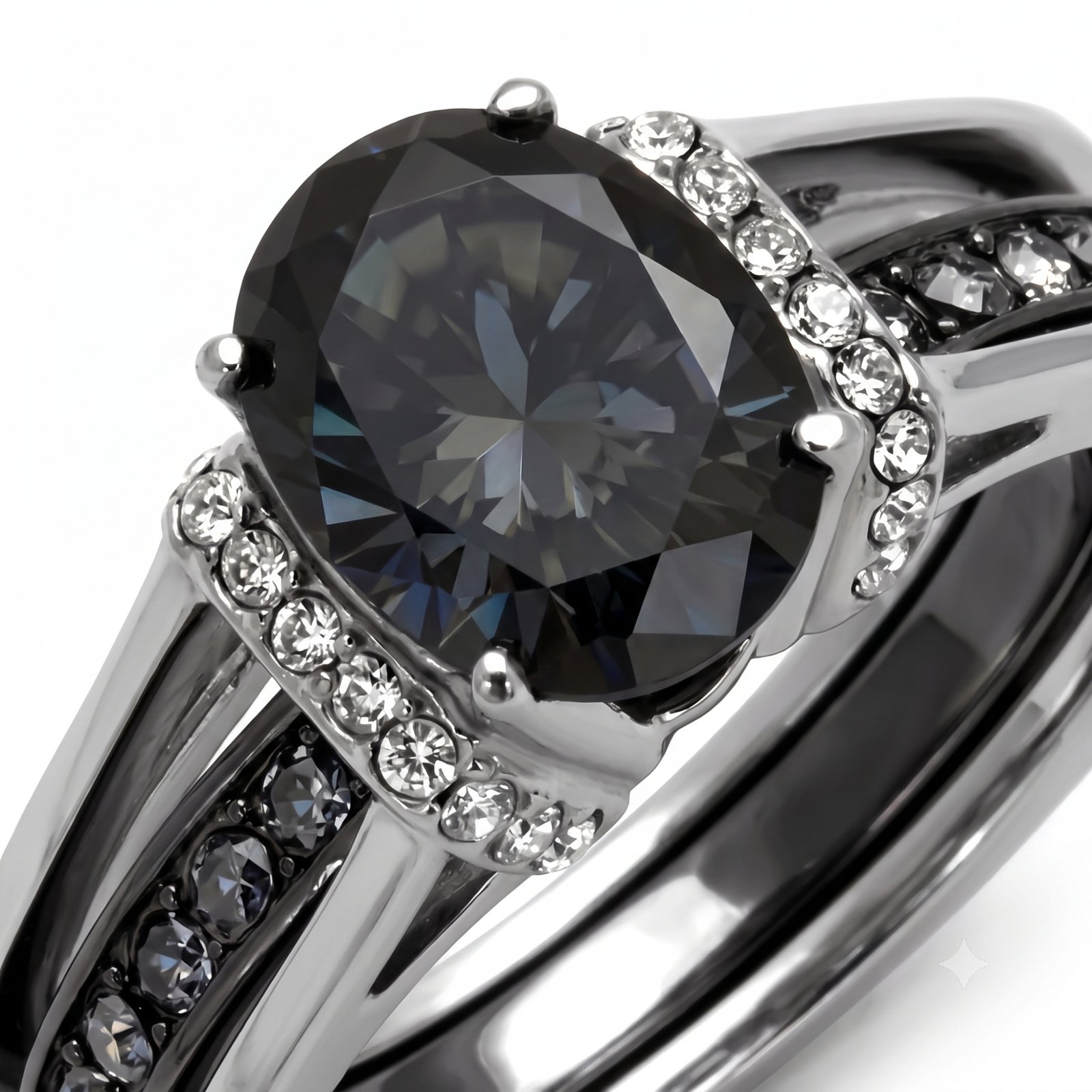 Two-Tone Black & Silver Stainless Steel Black Glass Ring - Image 2