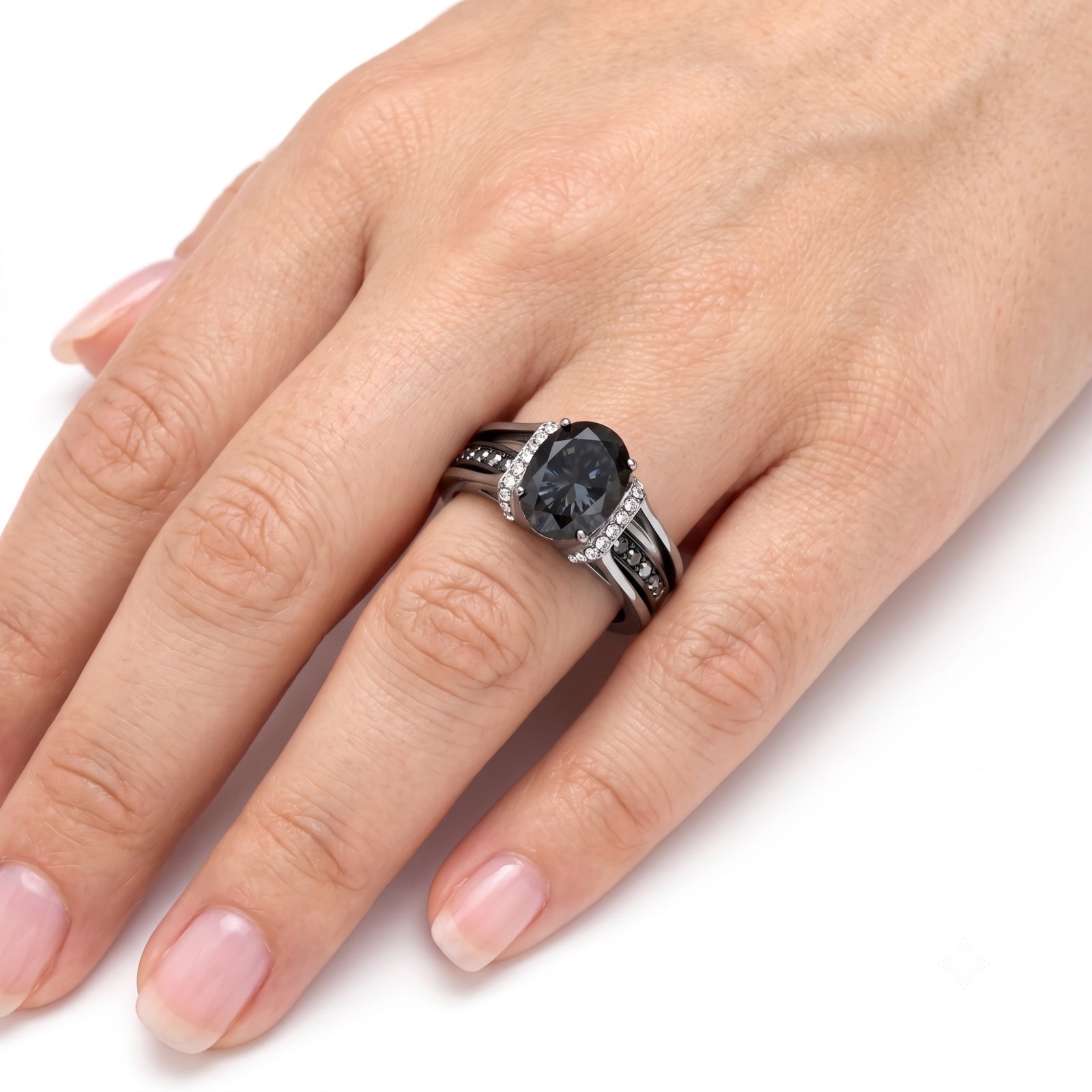 Two-Tone Black & Silver Stainless Steel Black Glass Ring - Image 4