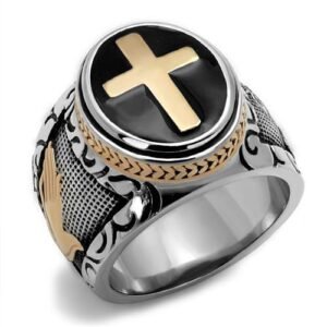 Men’s Two-Tone Rose Gold Stainless Steel Black Epoxy Cross Ring