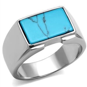 Men’s Sea-Blue Imitation Amber Stainless Steel Ring