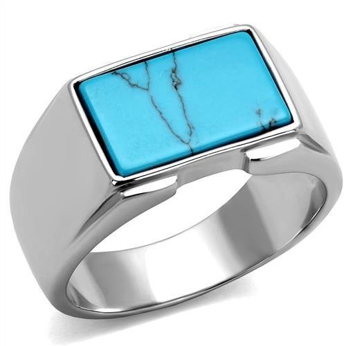 Men’s Sea-Blue Imitation Amber Stainless Steel Ring