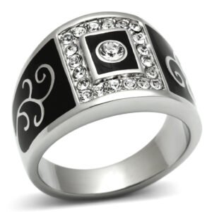 Men's Polished Stainless Steel Crystal Round Pave Ring