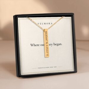 Personalized coordinates bar necklace in a Velmora gift box