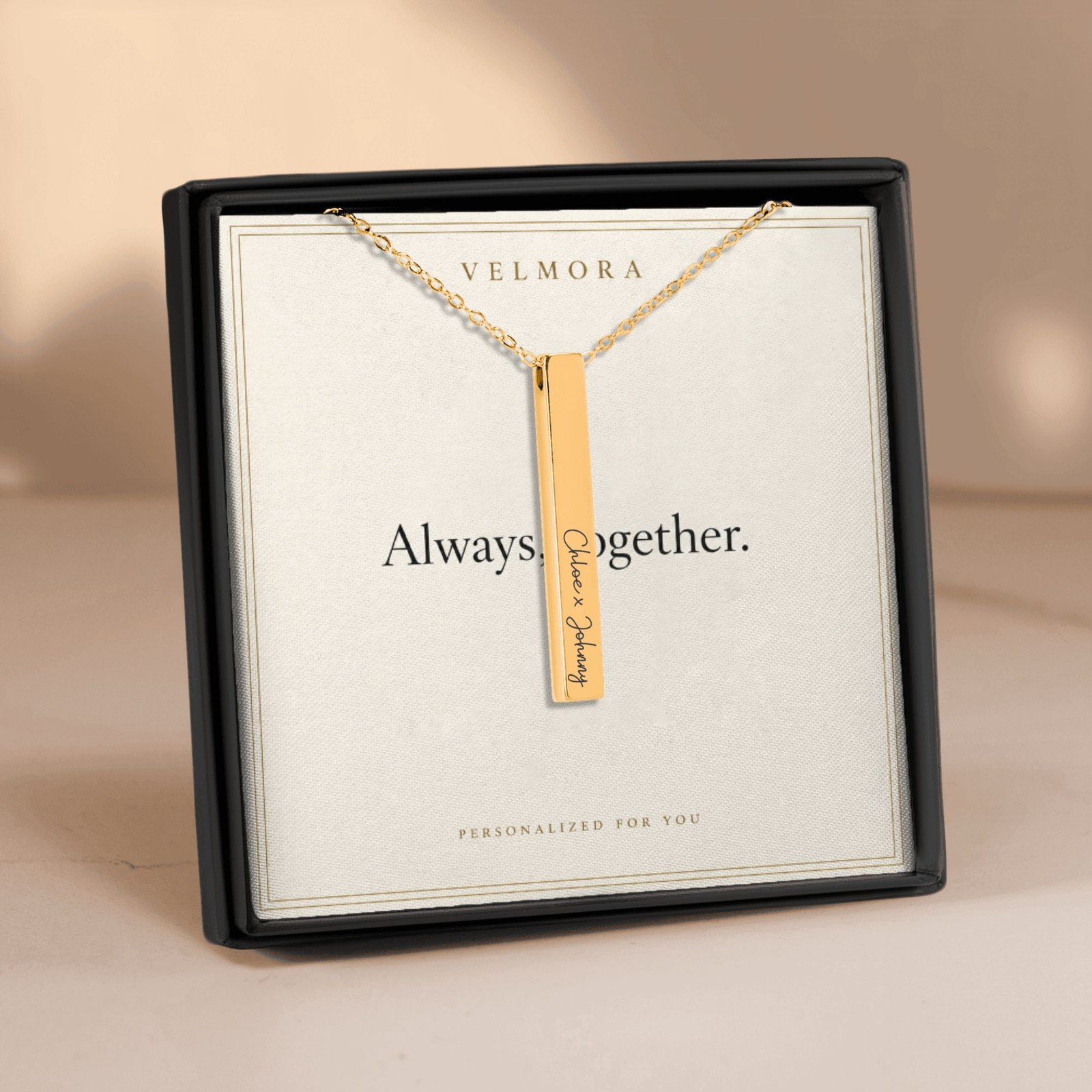 Personalized names bar necklace in a Velmora gift box